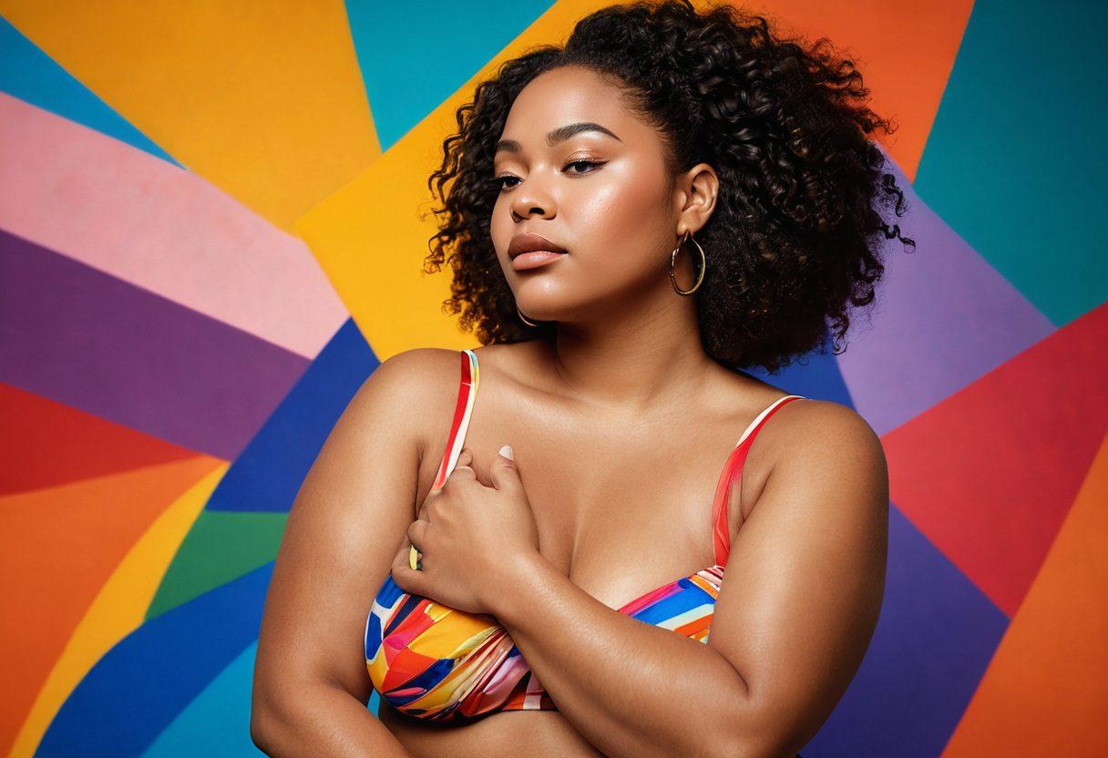 A bold and empowering image depicting a confident woman embracing her natural beauty with a focus on body positivity and self-acceptance. The background features subtle abstract shapes symbolizing liberation and breaking societal norms. The woman's posture is strong and inviting, with a glint of defiance in her expression. Incorporate vibrant colors to evoke a sense of freedom and celebration. super-realistic. vibrant colors. energetic composition.
